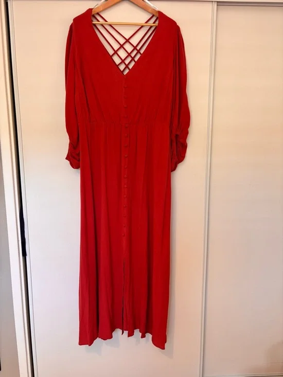Eloquii Crimson Red Button Maxi Dress Size 20 Peasant Southwestern Rodeo NWT - Picture 2 of 10